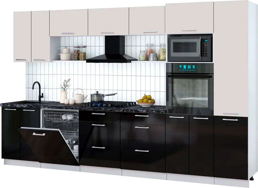 

Готовая кухня Интерлиния Мила Gloss 3.4-ПМ1 (черный глянец/кашемир/кастилло темный)