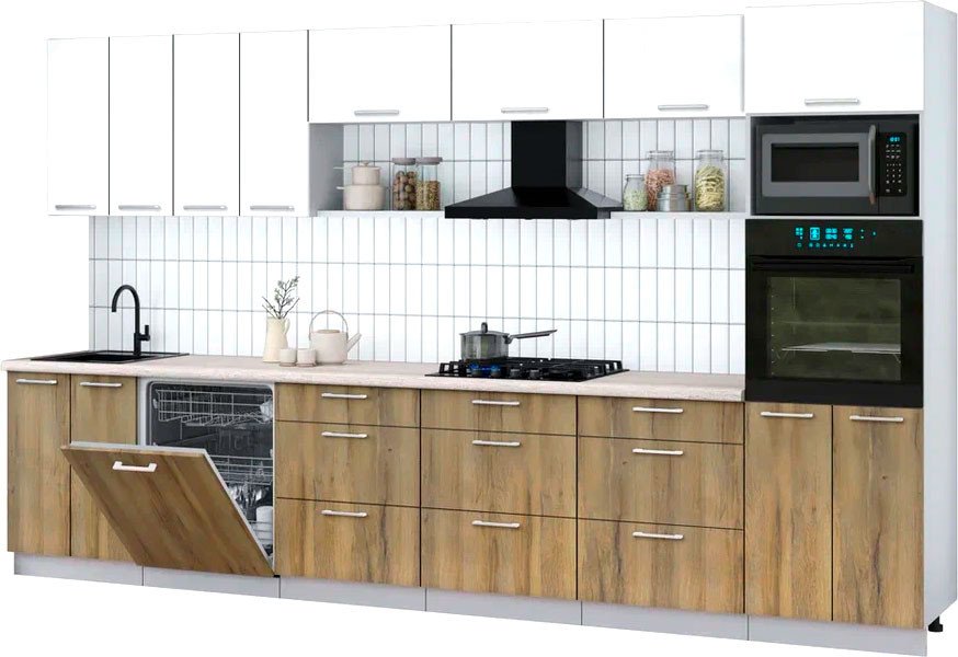 

Готовая кухня Интерлиния Мила Gloss 3.6-ПМ1-2 (дуб вотан/белый глянец/травертин серый)