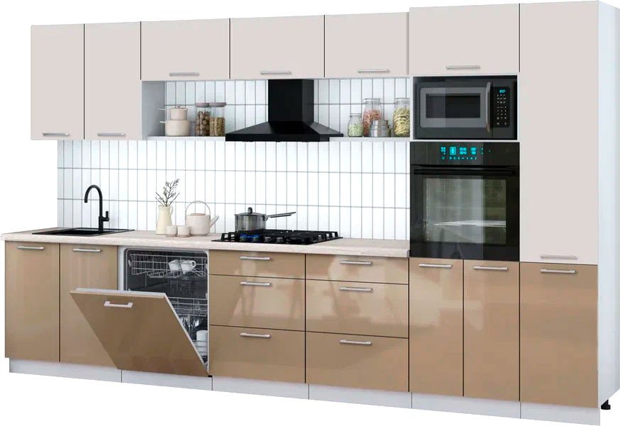 

Готовая кухня Интерлиния Мила Gloss 3.6-ПМ1 (капучино глянец/кашемир/травертин серый)