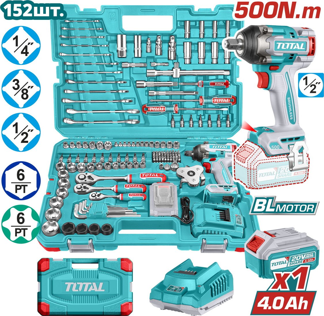 

Total THKTHP31522 (гайковерт, 1 АКБ, набор инструментов)