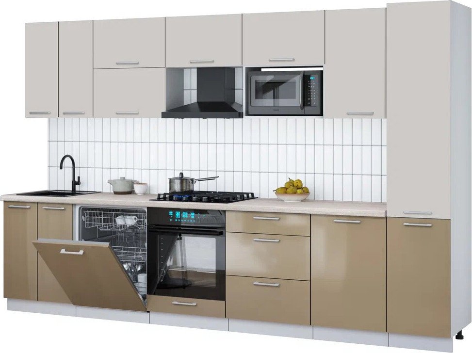 

Готовая кухня Интерлиния Мила Gloss 3.3-ПМ2 (капучино глянец/кашемир/травертин серый)