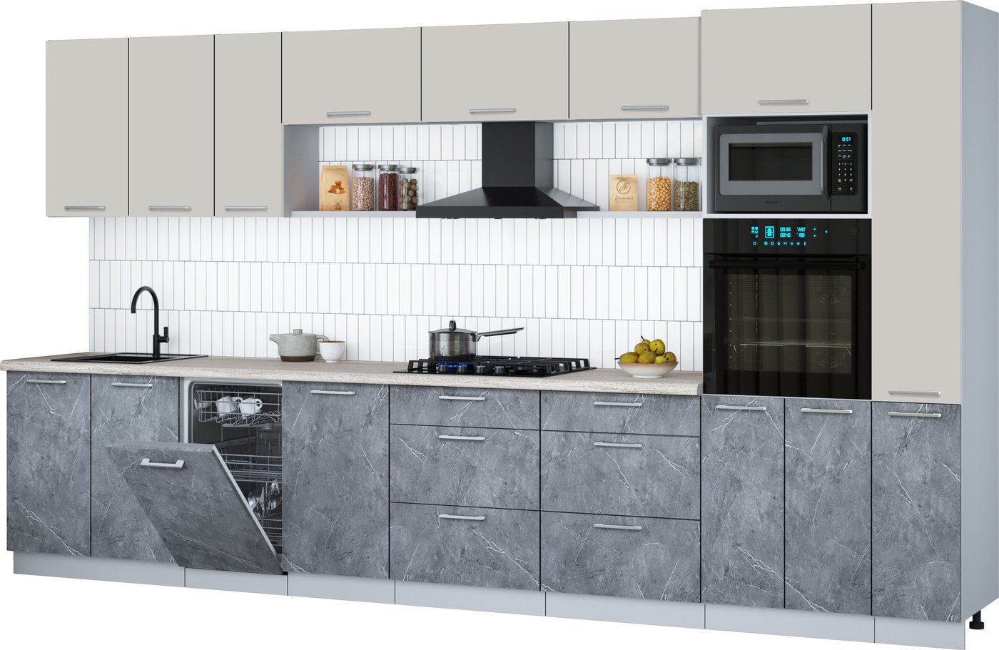 

Готовая кухня Интерлиния Мила Gloss 3.8-ПМ3 (керамика/кашемир/травертин серый)