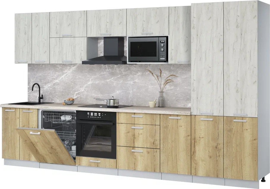 

Готовая кухня Интерлиния Мила Лайт 3.6-ПМ2 (дуб белый/дуб золотой/травертин серый)