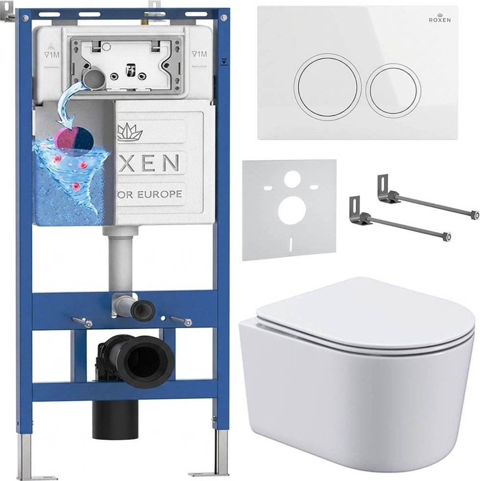 Унитаз подвесной Roxen Simple Compact в комплекте с инсталляцией StounFix Dual Fresh 6 в 1 906789 (кнопка: белый глянец)