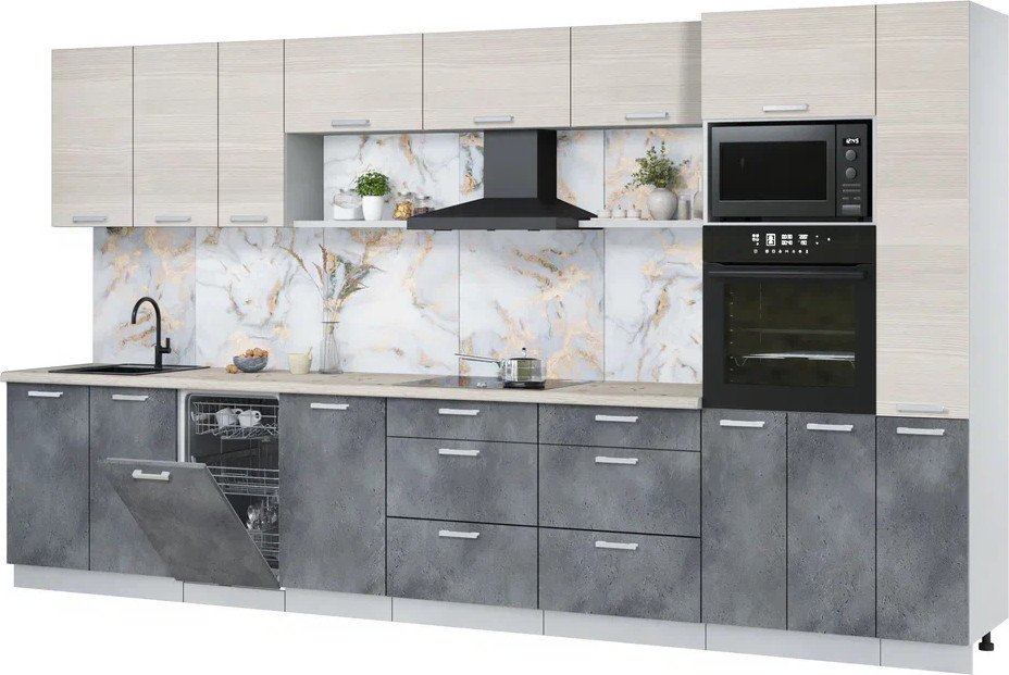 

Готовая кухня Интерлиния Мила Лайт 3.8-ПМ3 (вудлайн кремовый/бетон портленд/бискайская сосна)