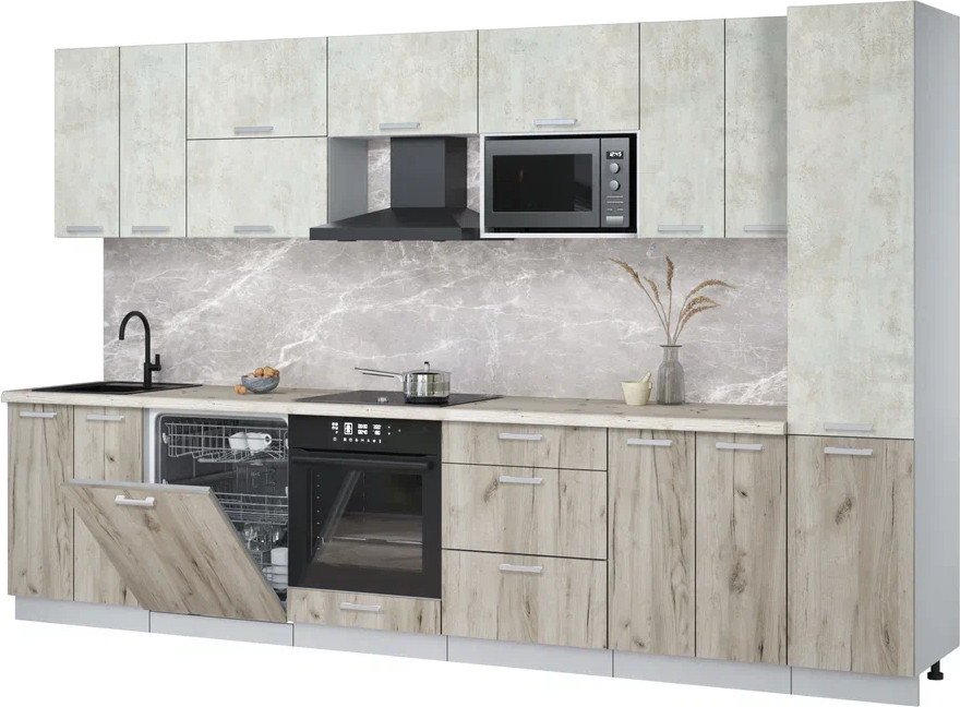 

Готовая кухня Интерлиния Мила Лайт 3.4-ПМ2 (бетон лайт/дуб серый/бискайская сосна)