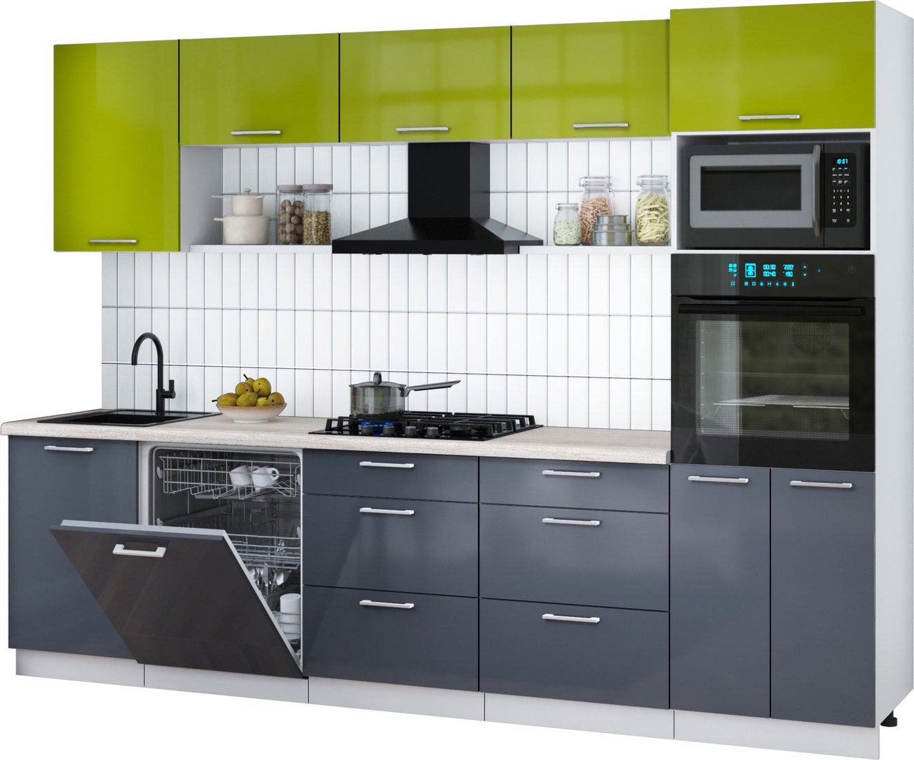 

Готовая кухня Интерлиния Мила Gloss 2.9-ПМ1 (асфальт глянец/яблоко глянец/травертин серый)