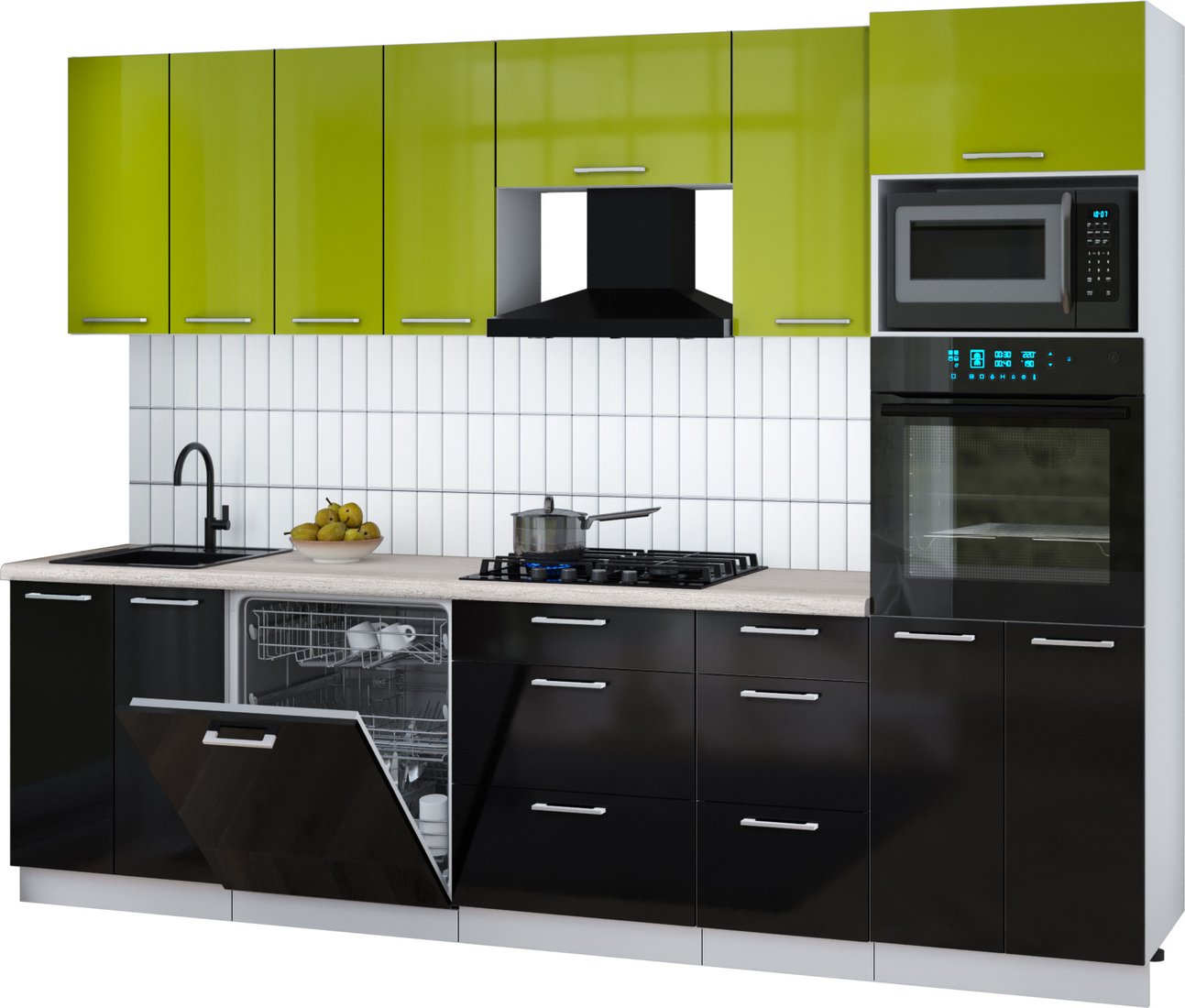 

Готовая кухня Интерлиния Мила Gloss 2.8-ПМ1 (черный глянец/яблоко глянец/травертин серый)