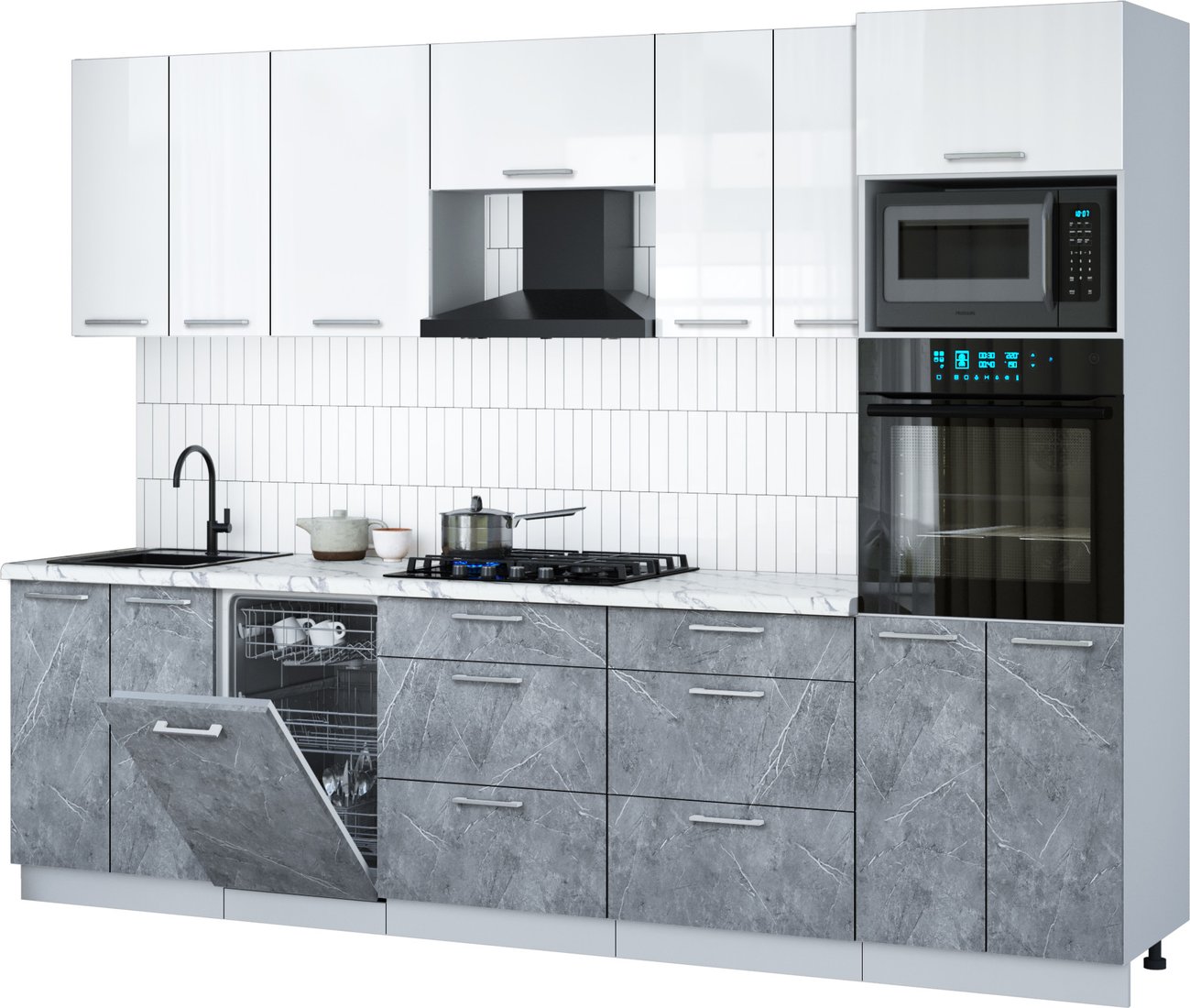 

Готовая кухня Интерлиния Мила Gloss 2.85-ПМ3 (керамика/белый глянец/белый гранит)