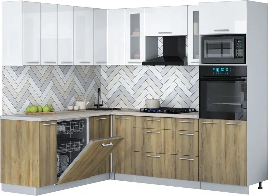 

Готовая кухня Интерлиния Мила Gloss 1.896х2.38 (дуб вотан/белый глянец/травертин серый)