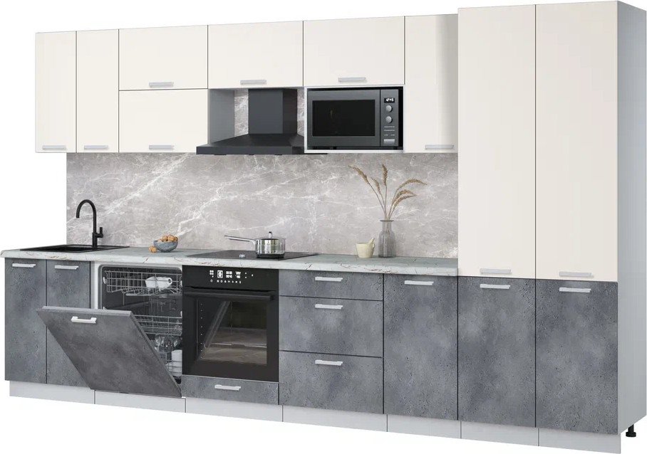 

Готовая кухня Интерлиния Мила Лайт 3.6-ПМ2 (персидский жемчуг/бетон портленд/серый каспий)