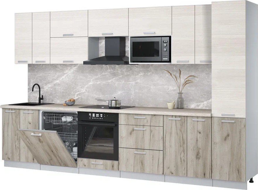 

Готовая кухня Интерлиния Мила Лайт 3.4-ПМ2 (вудлайн кремовый/дуб серый/травертин серый)