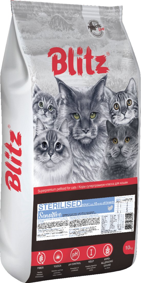 

Сухой корм для кошек Blitz Sensitive Turkey Adult Sterilised All Breeds (для стерилизованных с индейкой) 10 кг