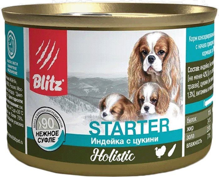 

Консервированный корм для собак Blitz Holistic Starter Puppy Turkey with Zucchini (для щенков с индейкой и цукини) 200 г