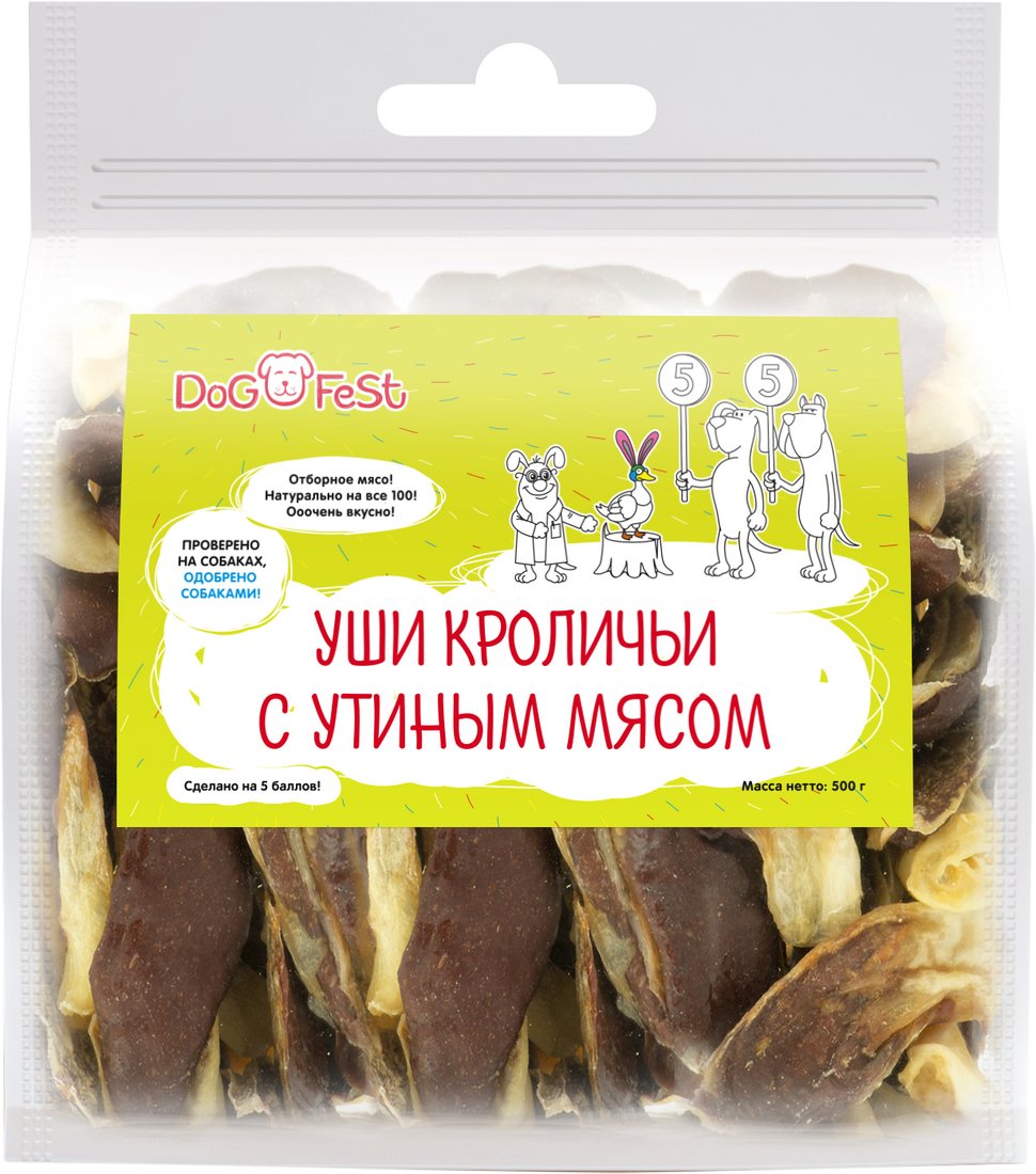 

Лакомство для собак Dog Fest Уши кроличьи с утиным мясом 500 г