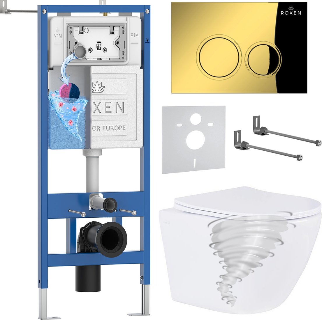 

Унитаз подвесной Roxen Antares Tornado Long в комплекте с инсталляцией StounFix Dual Fresh 6 в 1 868431 (кнопка: золото глянцевая)