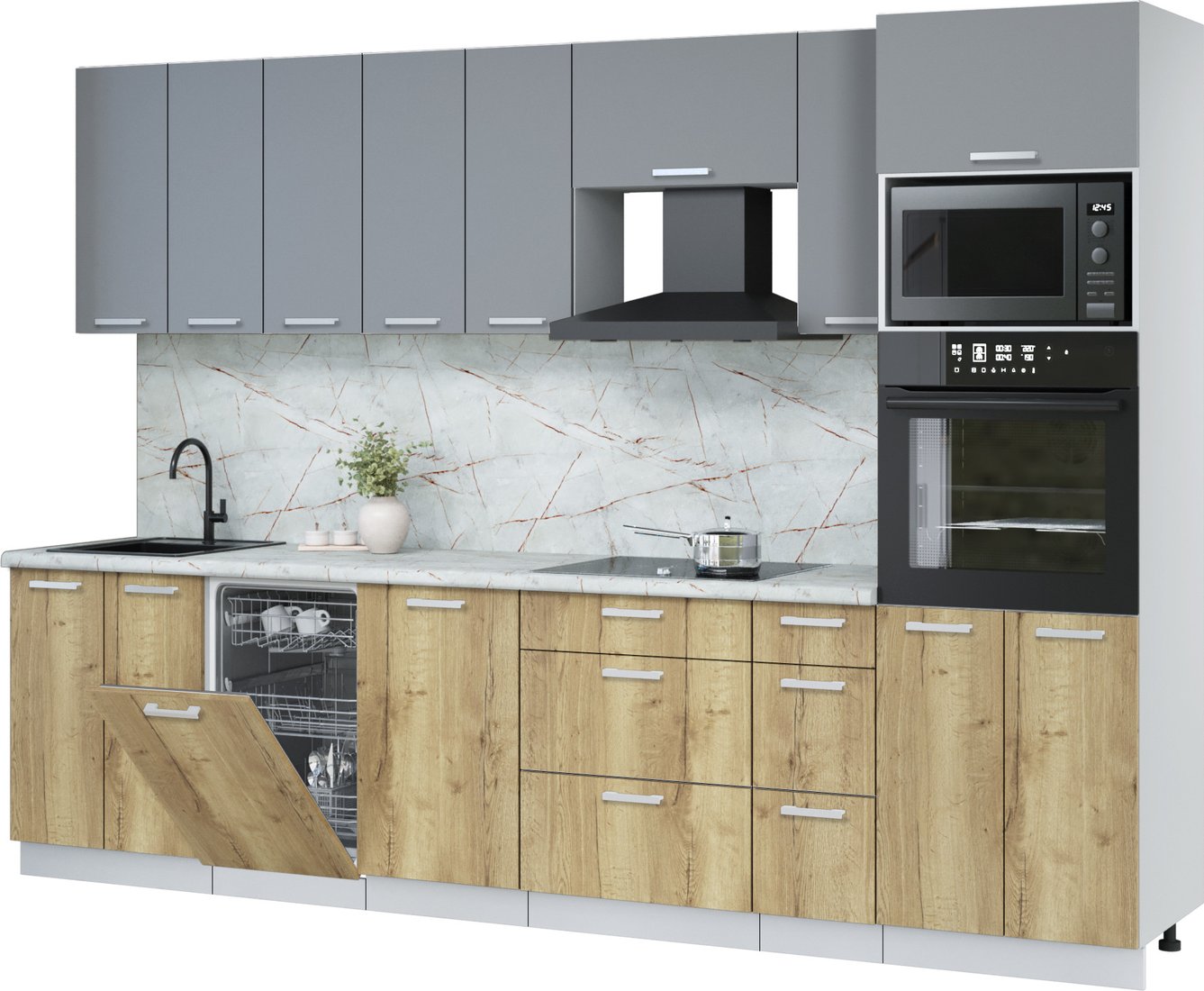 

Готовая кухня Интерлиния Мила Лайт 3.0-ПМ3 (серебро/дуб золотой/серый каспий)