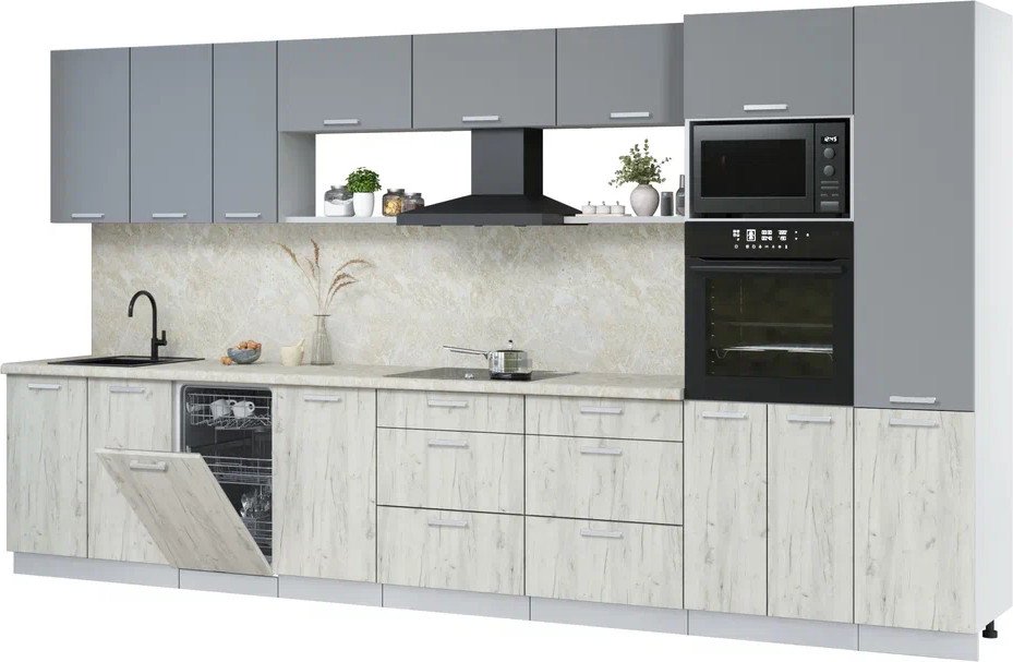 

Готовая кухня Интерлиния Мила Лайт 3.9-ПМ3 (серебро/дуб белый/опал светлый)