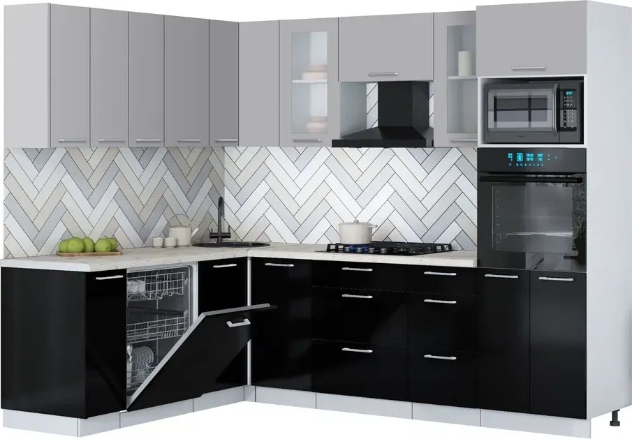 

Готовая кухня Интерлиния Мила Gloss 1.896х2.58 (черный глянец/грей/бискайская сосна)