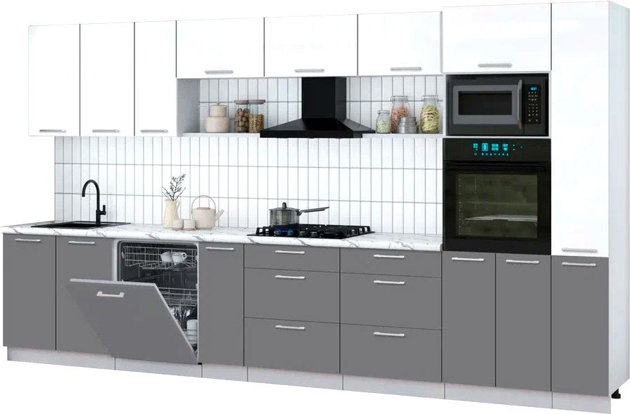 

Готовая кухня Интерлиния Мила Gloss 3.8-ПМ1 (серый/белый глянец/белый гранит)