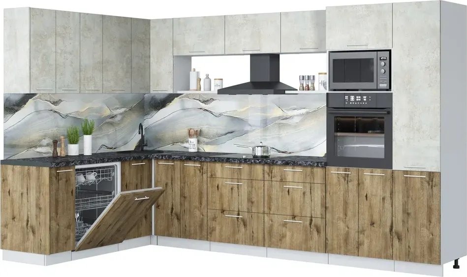 

Готовая кухня Интерлиния Мила Лайт 1.896х3.38 (бетон лайт/дуб веллингтон/кастилло темный)