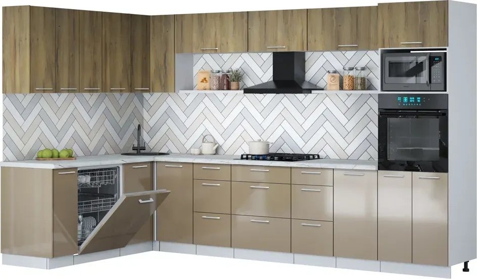 

Готовая кухня Интерлиния Мила Gloss 1.896х3.38-2 (капучино глянец/дуб вотан/серый каспий)