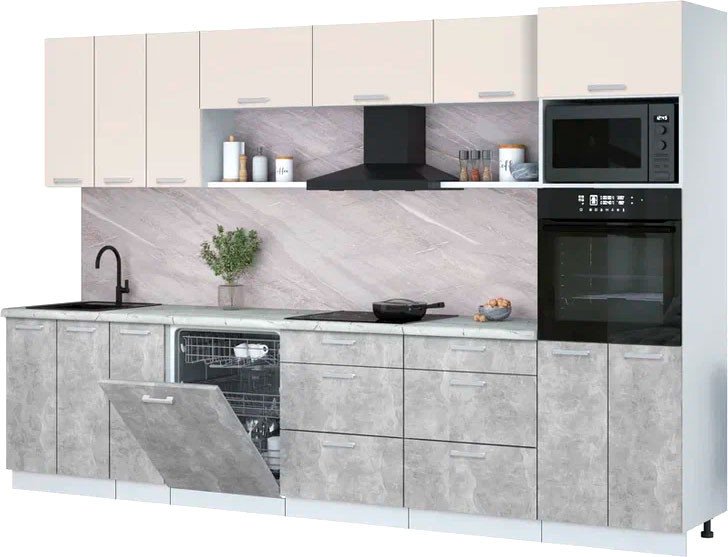 

Готовая кухня Интерлиния Мила Лайт 3.3-ПМ1-2 (персидский жемчуг/бетон/серый каспий)