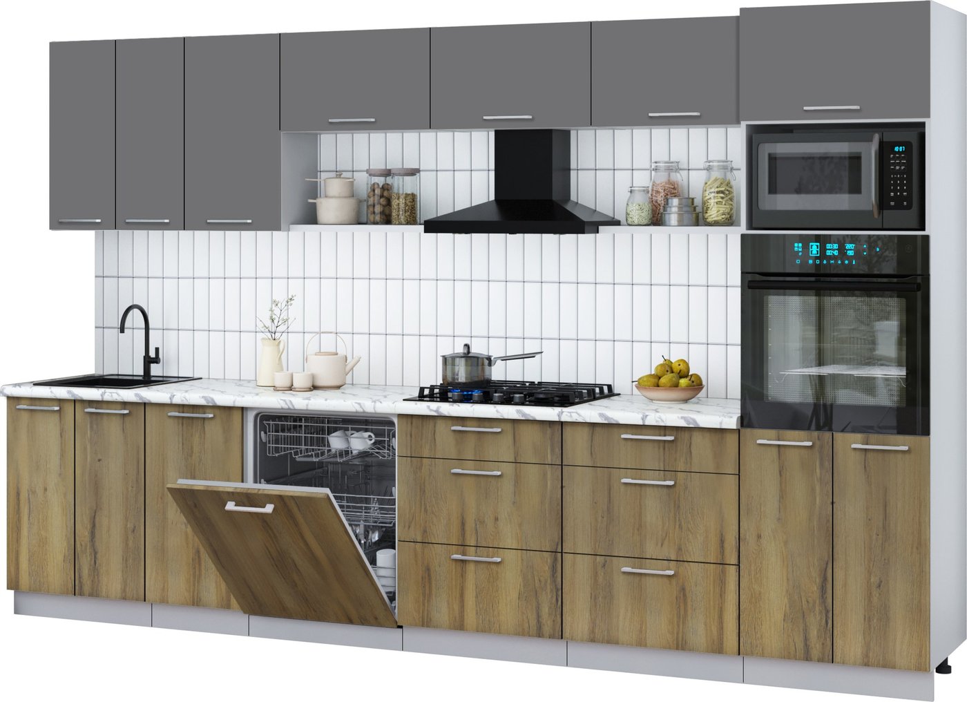 

Готовая кухня Интерлиния Мила Gloss 3.4-ПМ1-2 (дуб вотан/серый/белый гранит)