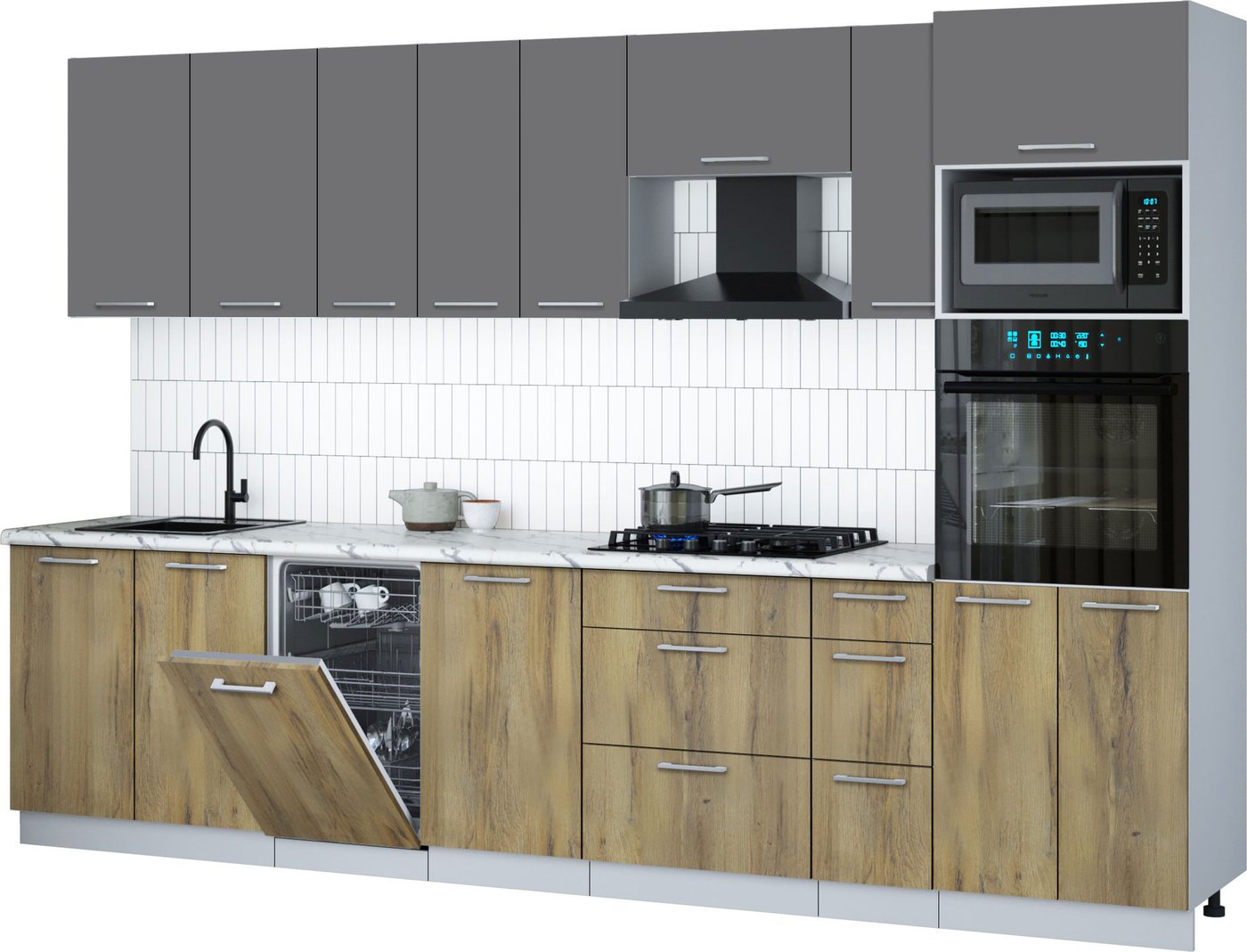 

Готовая кухня Интерлиния Мила Gloss 3.2-ПМ3 (дуб вотан/серый/белый гранит)