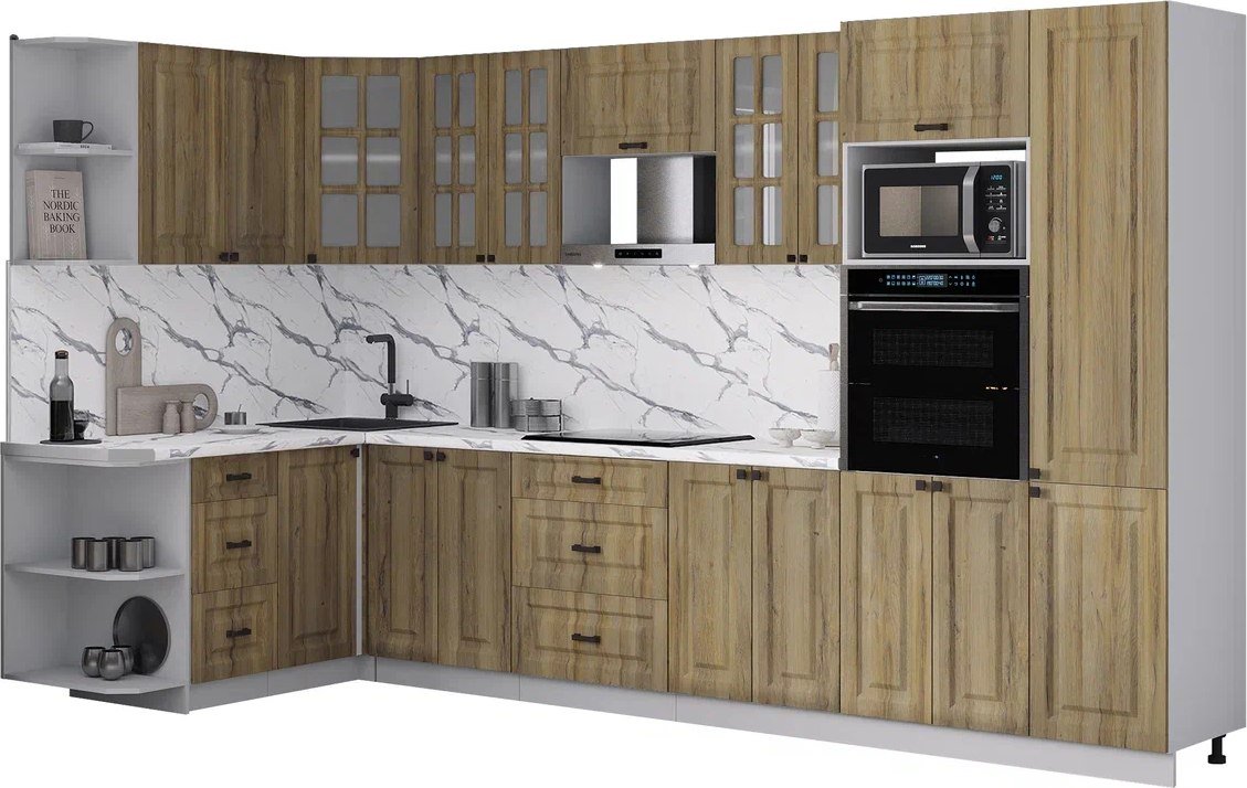 

Готовая кухня Интерлиния Мила Деко 1.68x3.4 LV (дуб вотан/дуб вотан/белый гранит)