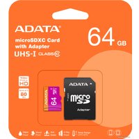 Карта памяти ADATA Premier microSDXC UHS-I U1 Class 10 64GB (AUSDX64GUICL10-RA1)