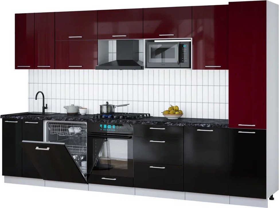 

Готовая кухня Интерлиния Мила Gloss 3.3-ПМ2 (черный глянец/бордовый глянец/кастилло темный)