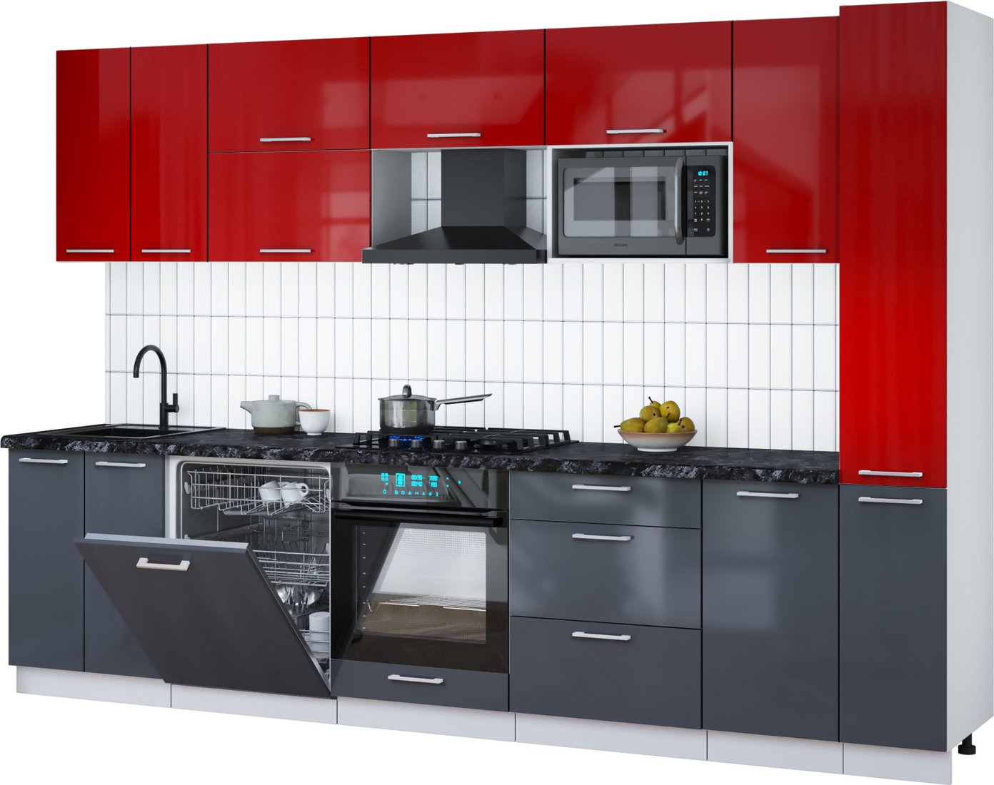 

Готовая кухня Интерлиния Мила Gloss 3.1-ПМ2 (асфальт глянец/красный глянец/кастилло темный)