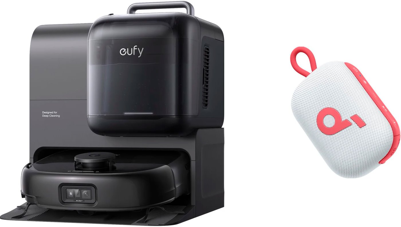 Робот-пылесос Eufy Robot Vacuum Omni E28 (2-в-1) + Беспроводная колонка Anker Soundcore Select 4 Go (белый/красный) по акции