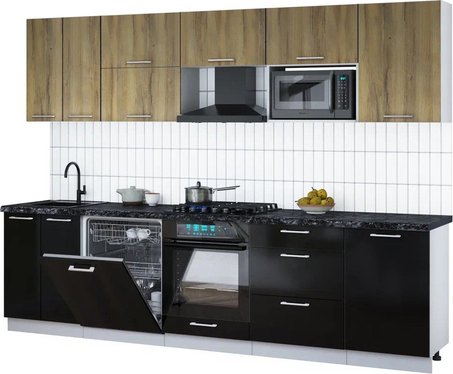 

Готовая кухня Интерлиния Мила Gloss 2.9-ПМ2 (черный глянец/дуб вотан/кастилло темный)