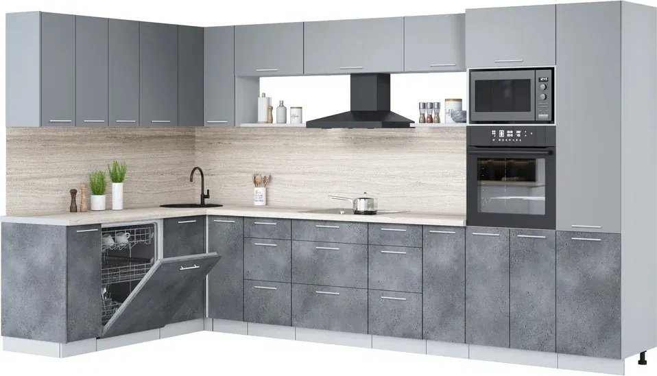 

Готовая кухня Интерлиния Мила Лайт 1.896х3.58 (серебро/бетон портленд/травертин серый)