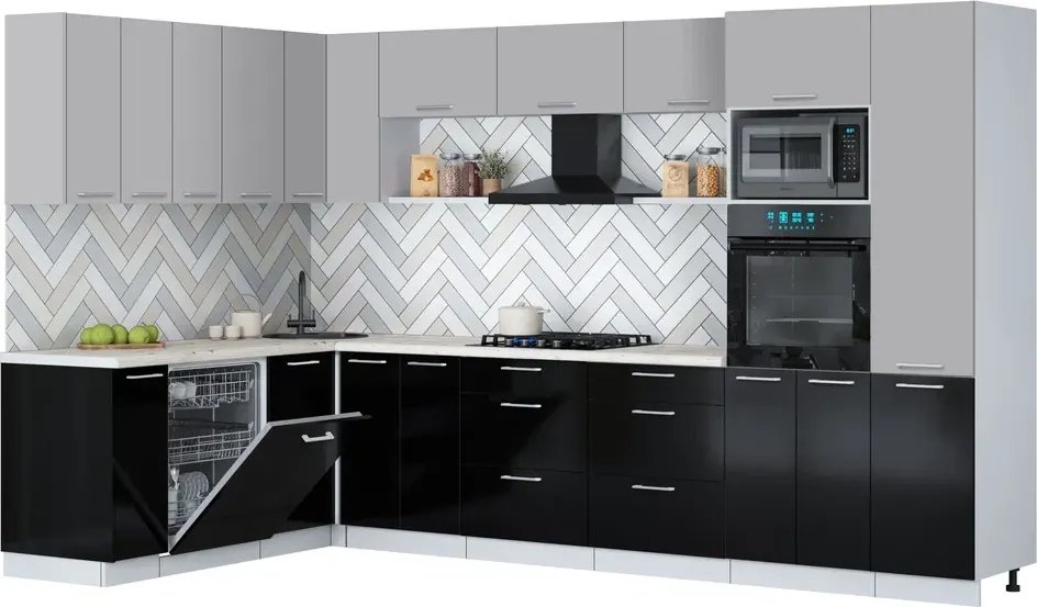 

Готовая кухня Интерлиния Мила Gloss 1.896х3.38 (черный глянец/грей/бискайская сосна)