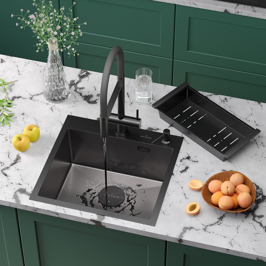 

Кухонная мойка Roxen Simple 560220-50B-V графит/текстурная PVD покрытие (с коландером и дозатором)