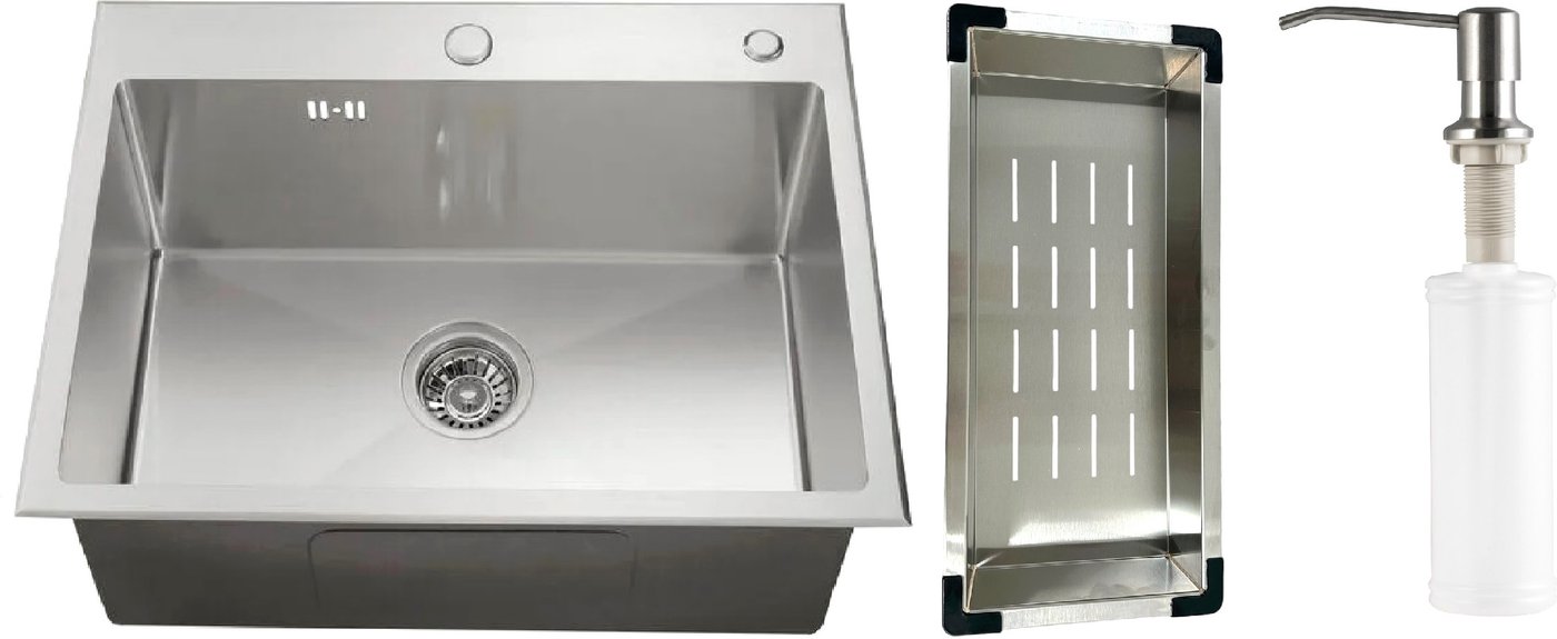 Кухонная мойка Schtoff Best Silver 6050 + коландер металл K-1 BLACK + дозатор SD-1 SILVER