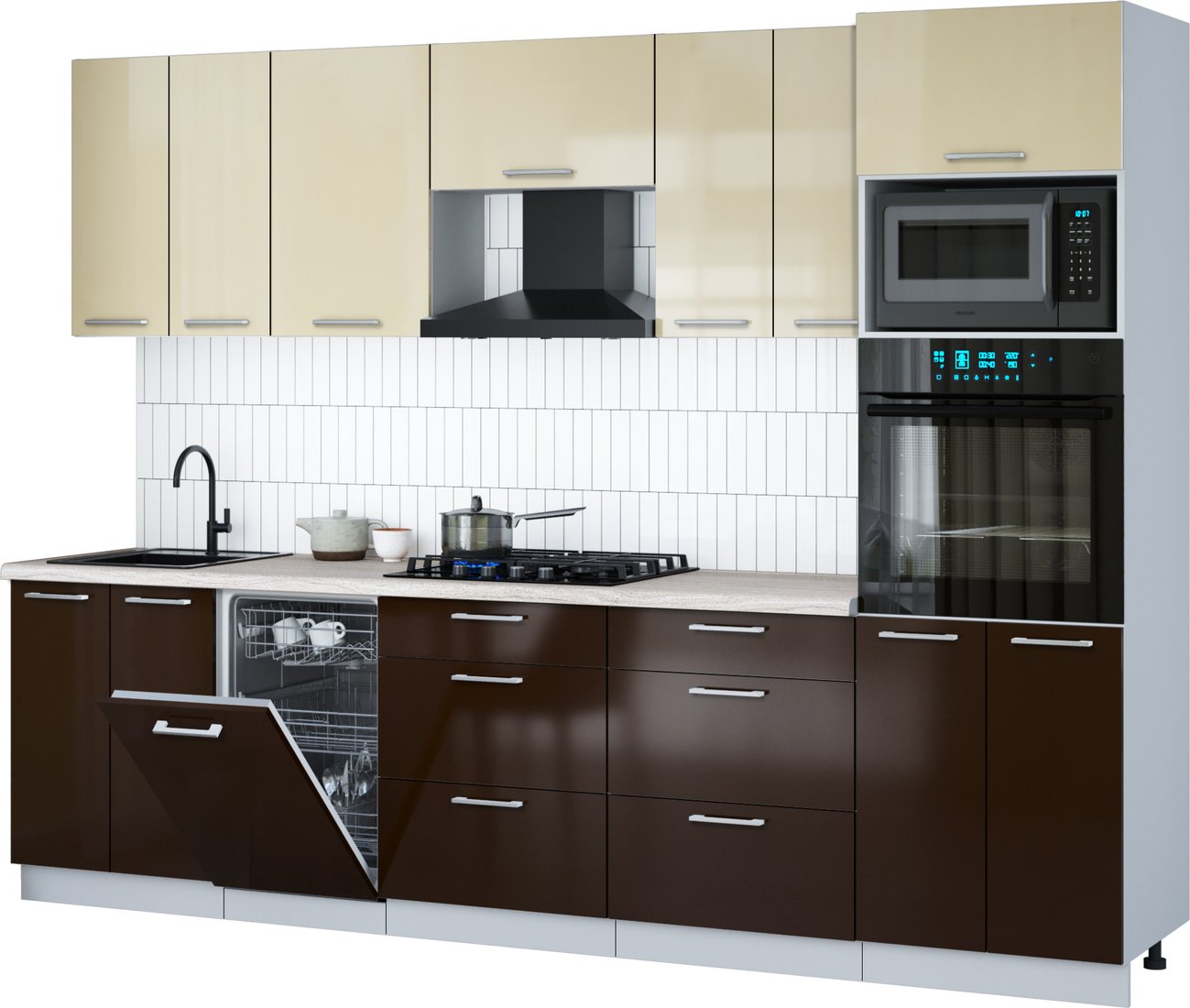 

Готовая кухня Интерлиния Мила Gloss 2.85-ПМ3 (шоколад глянец/ваниль глянец/травертин серый)