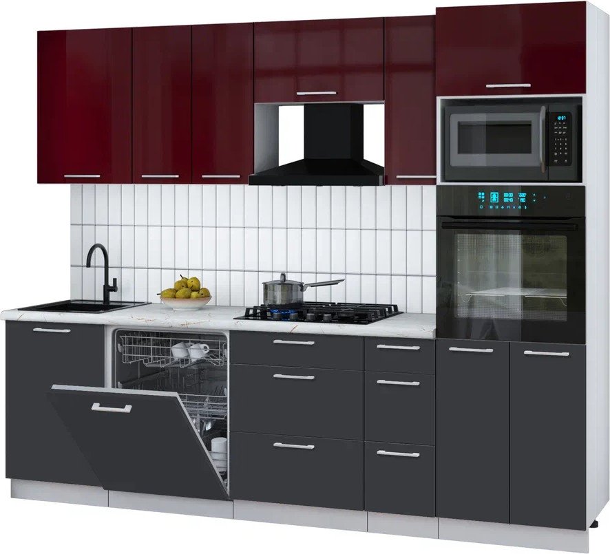 

Готовая кухня Интерлиния Мила Gloss 2.6-ПМ1 (пепел/бордовый глянец/серый каспий)