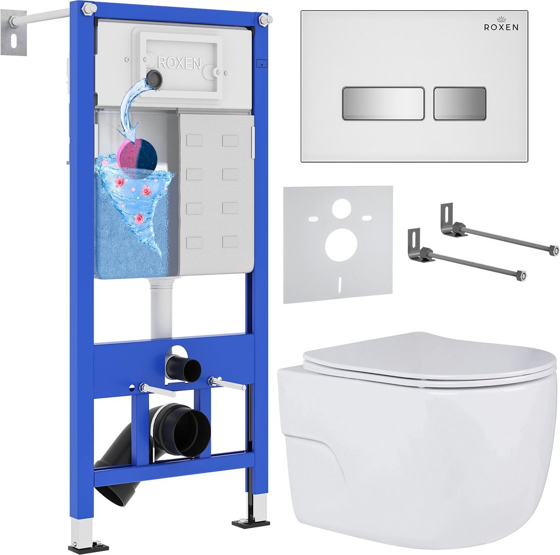 Унитаз подвесной Roxen Porto One Rimless 6 в 1 StounFix Dual Fresh 636623 (белое стекло)