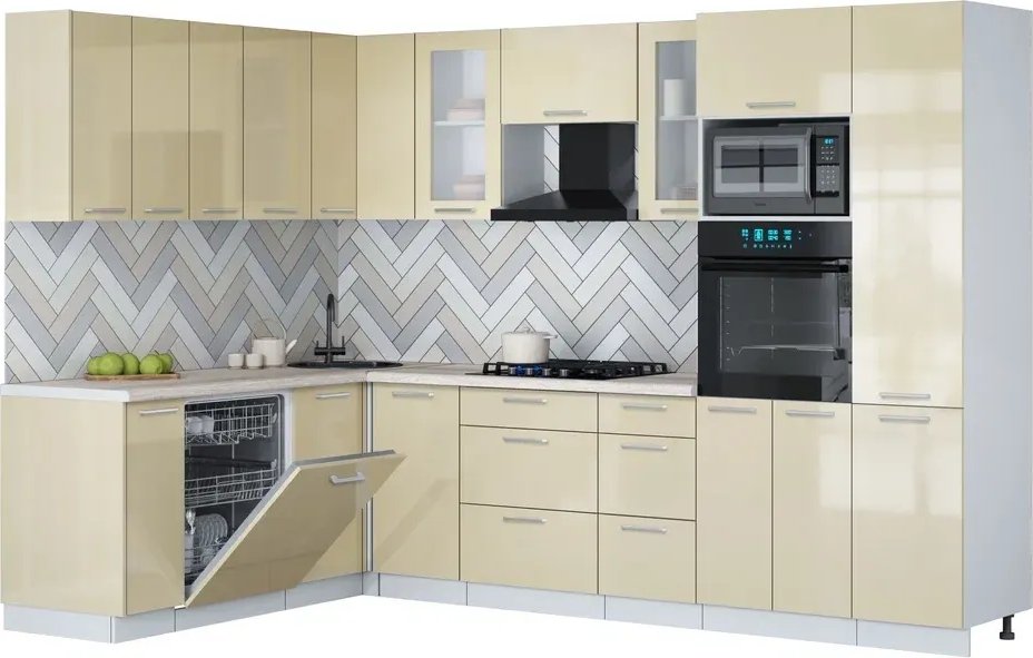 

Готовая кухня Интерлиния Мила Gloss 1.896х2.98 (ваниль глянец/ваниль глянец/травертин серый)