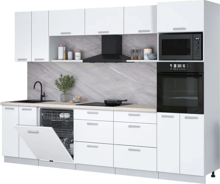 

Готовая кухня Интерлиния Мила Лайт 3.0-ПМ1 (белый платинум/белый платинум/травертин серый)