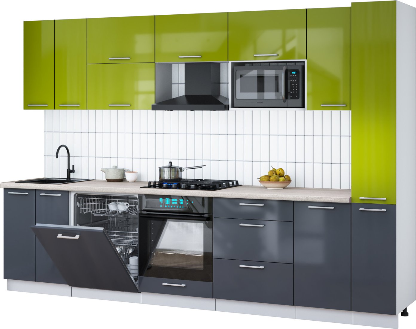 

Готовая кухня Интерлиния Мила Gloss 3.1-ПМ2 (асфальт глянец/яблоко глянец/травертин серый)