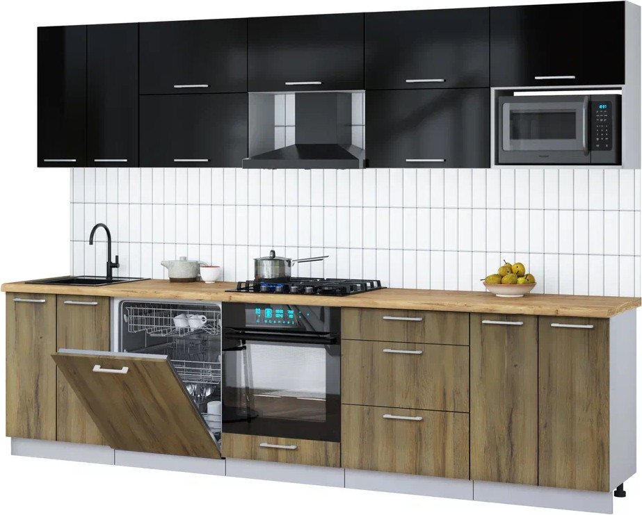 

Готовая кухня Интерлиния Мила Gloss 3.0-ПМ2 (дуб вотан/черный глянец/дуб бунратти)