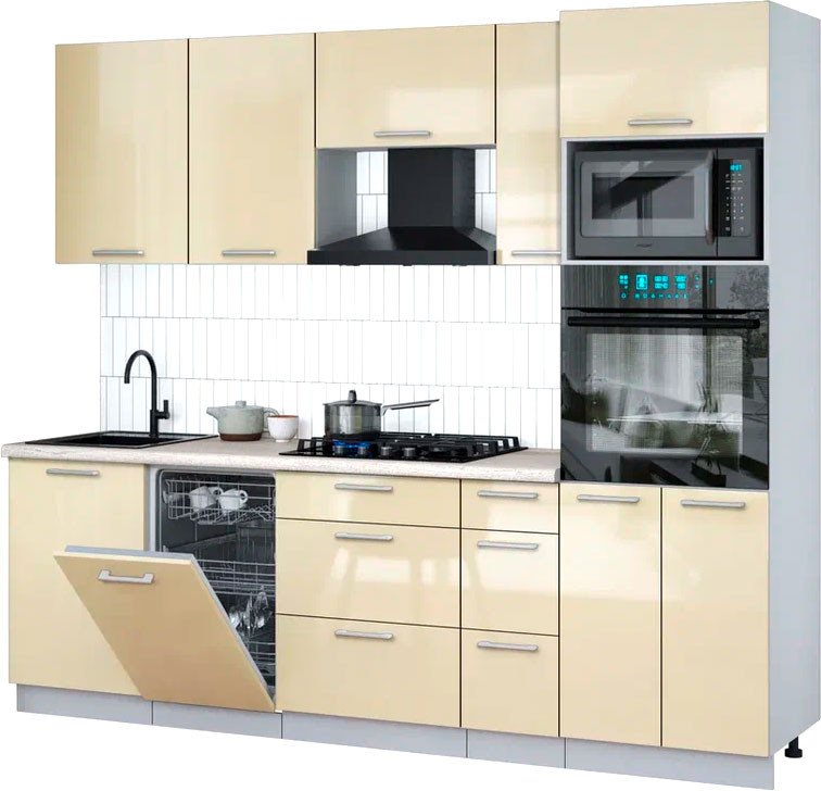 

Готовая кухня Интерлиния Мила Gloss 2.45-ПМ3 (ваниль глянец/ваниль глянец/травертин серый)