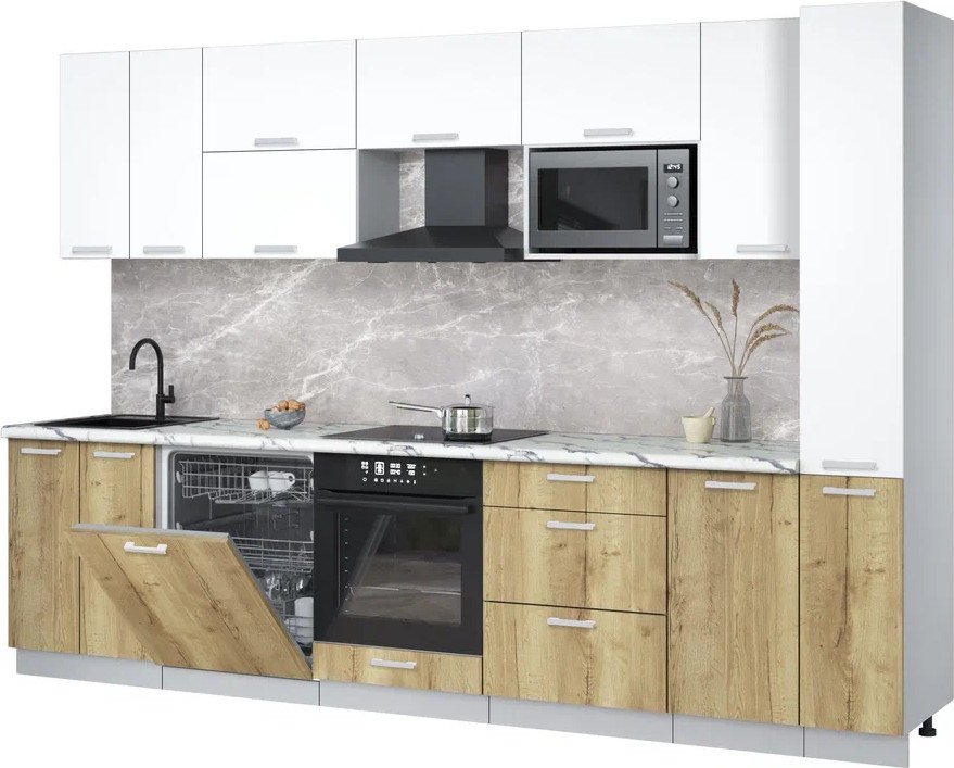 

Готовая кухня Интерлиния Мила Лайт 3.1-ПМ2 (белый платинум/дуб золотой/белый гранит)