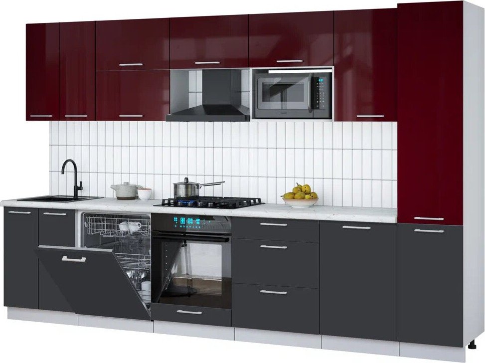 

Готовая кухня Интерлиния Мила Gloss 3.3-ПМ2 (пепел/бордовый глянец/серый каспий)