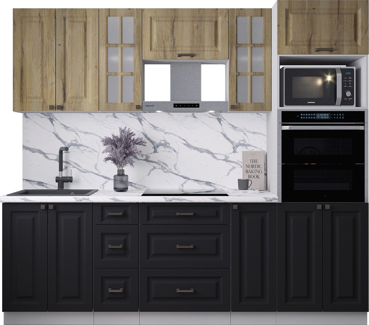 

Готовая кухня Интерлиния Мила Деко 2.4 (черный/дуб вотан/белый гранит)